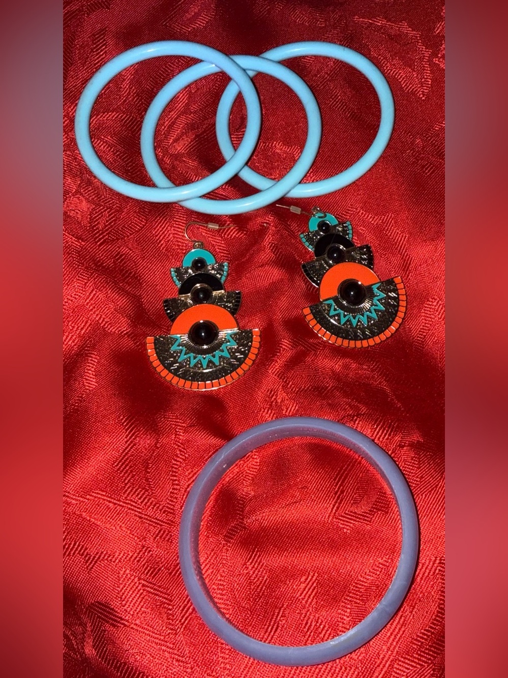 Vibrant Orange & Turquoise Statement Earrings with Blue Bangle Set